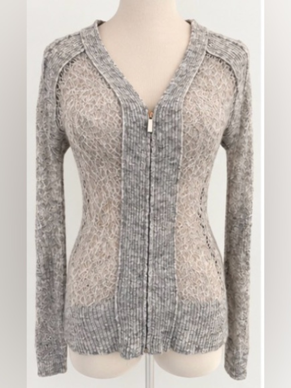 [MM6 Maison Martin Margiela] Gray Sheer Lace Wool Zip Cardigan Size M Italy